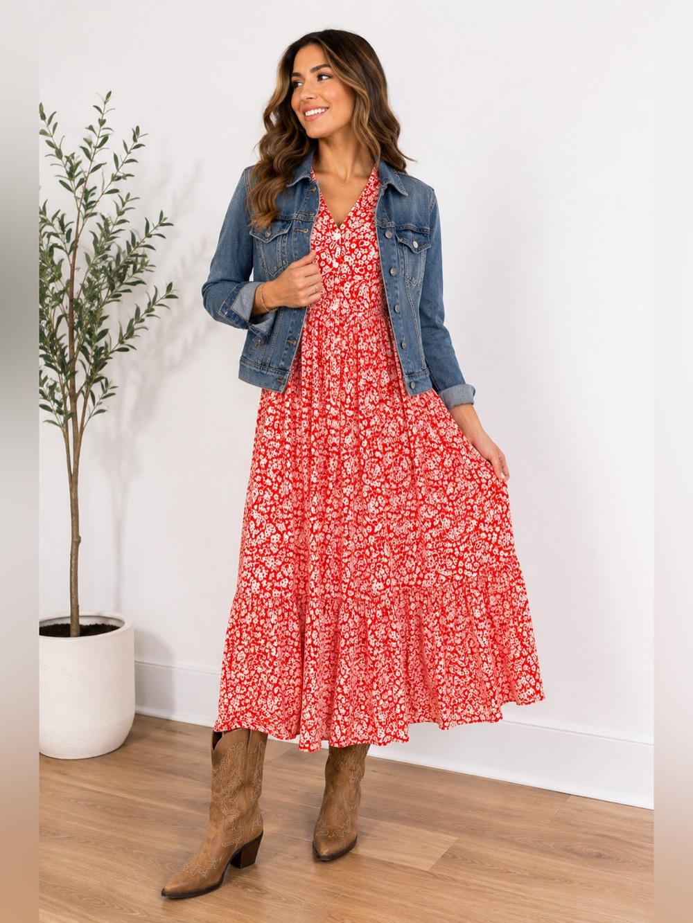 Zara Red Floral Puff Sleeve Midi Dress Boho Western XS